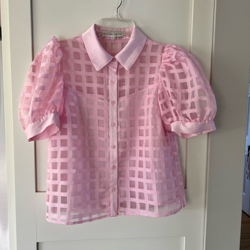 English Factory Pink Sheer Grid Button-Down Blouse - Picture 6 of 16